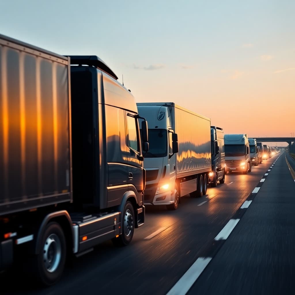 Professional transportation fleet with modern vehicles on highway, logistics trucks in motion, corporate transport operations, golden hour lighting, premium automotive service