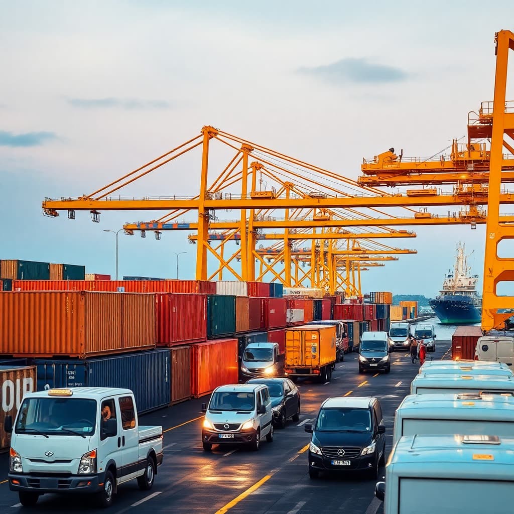 Busy customs port terminal with cargo containers inspection area customs officers processing documents imported vehicles awaiting clearance modern port facility professional logistics operation golden hour lighting