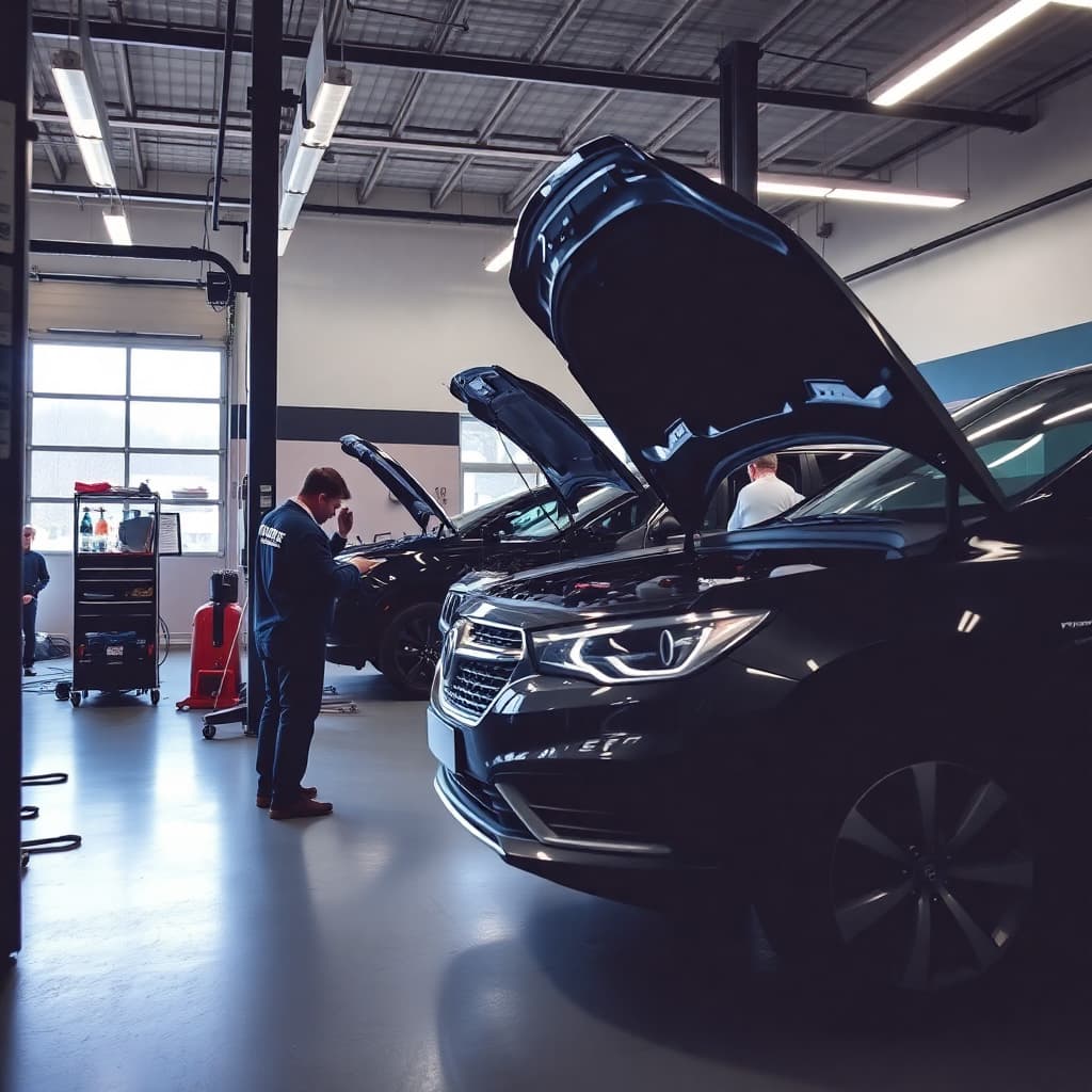 professional auto repair workshop, mechanics working, modern service center
