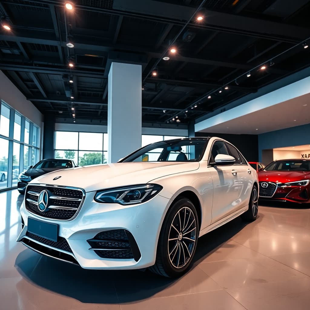Modern luxury car rental showroom with premium vehicles displayed, professional lighting, sleek interior design