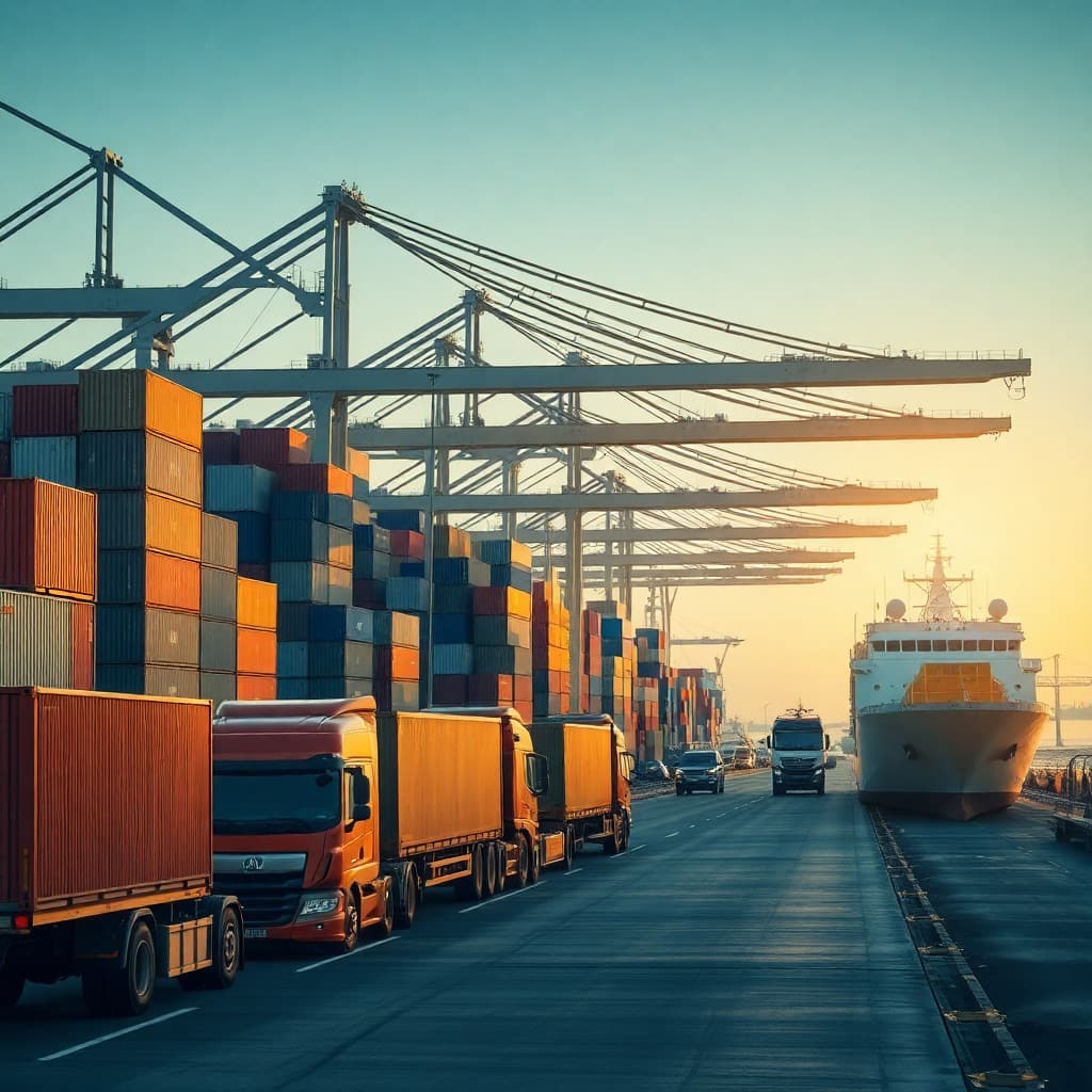 Modern shipping port with cargo containers, large transport trucks, car carriers, and ocean freight vessels, professional logistics operation, golden hour lighting